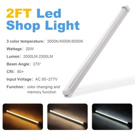 JOMITOP 2FT T8 LED Garage　Shop Light Fixture,3-Color　3000K 4000K 6000K Linkable 20W Ceiling and Utility Light for Under Cabinet Office Garage Workbench Room 4Pack