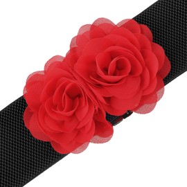 Elerevyo Women's Elastic Wide Waist Belt, Large Double-Flower Stretchy Corset Sweet Elegant Casual for Dress 68x6cm/26.8x2.4 inches(LxW) Red