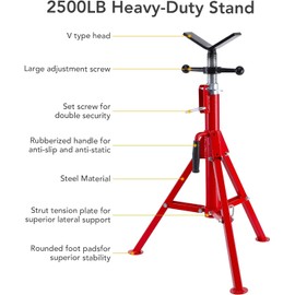 PioneerWorks V Head Pipe Jack Stand, 28-52in Adjustable Height, 2500Lbs Load Capacity, 1/8"-12" Capacity, Heavy Duty Carbon Steel Body, Steel Jack Stands with Portable Folding Legs Red