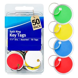 1InTheOffice Key Tags with Labels, Round, Metal Rim Key Tag, Assorted Color Card Stock Key Tag, 1-1/4" (50/Pack)