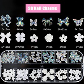 3D Acrylic Butterfly White Flowers Bear Nails Charms Cute Nail Charms Mixed Starry Crystal Nail Rhinestones Multi Sizes Crystal Gems Stones for Nail Art DIY Jewelry Accessories Crafting