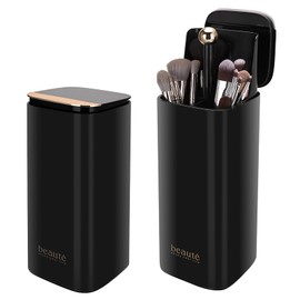 WANGDAWING Makeup Brush Holder with Lid, One Touch for Open, Automatic Lifting Waterproof Dustproof Make Up Organizer for Vanity Bathroom (Black)