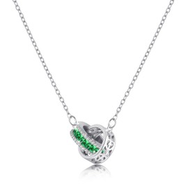 Linawe Emerald Green Silver Pendant Necklace for Women, Interlocking Double Circle Moissanite Rhinestone Imitation Diamond Crystal Birthstone Dainty Necklaces, Stainless Steel Chain