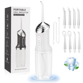 Irrigador Bucal, 3 Modos de Limpieza y 8 Puntas,Limpieza Dental Portatil 320ml, Irrigador oral recargable USB, IPX7 impermeable, Ideal para Viajar y para Uso Doméstico (Blanco)