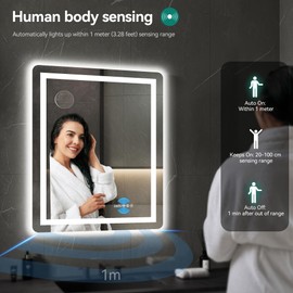 YITAHOME 24 x 32 Inches LED Bathroom Mirror, Front Light and Backlit, Motion Sensor, 10X Magnifying Glass, 3 Colors Dimmable, 5mm Tempered Glass, Anti-Fog, Wall Mounted Mirror-Vertically Only