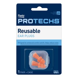 Flents Protechs Ear Plugs, 1 Pair of reusable Ear Plugs for Sleeping, Snoring, Loud Noise, Concerts, Construction, Studying & Traveling, NRR 27, Orange, Made in the USA