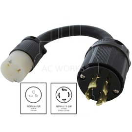 AC WORKS Industral Adapter L15-20P 3-Phase 20A 250V 4-Prong Plug to 6-15/20R 250V 15/20A T-Blade (Flexiable Style)