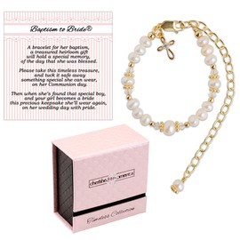 14K Gold-Plated Baptism to Bride Cross Bracelet Gift for Infant Girls with Cultured Pearls or Baby Christening Gift