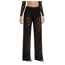 RoseSeek Women's Y2K Floral Lace See Through Pants Sheer Straight Leg Long Pants Club Wear Black Tall-M