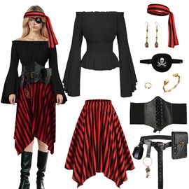 MDJWIANJ Renaissance Women Pirate Costume Full Set for Adults, 10 Pcs Ladies Woman Wench Accessories Pirate Outfit