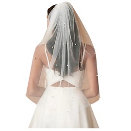 AiberLisha Pearl 1 Tier Elbow Length Pearl Wedding Bridal Veil with Metal Comb Ivory