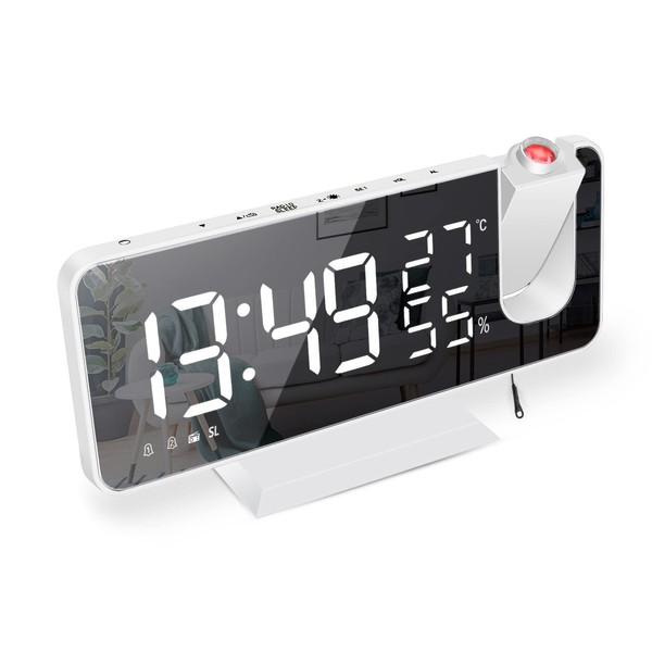 Alarm Clock with Projection Radio Alarm Clock Digital Projection Alarm Clock with USB Port, 7.5 Inch Large Mirror LED Display, Snooze Dual Alarm, FM Radio, 4 Display Brightness with Automatic Dimming
