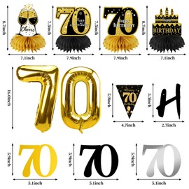 Guiruiy 13PCS 70th Birthday Decorations for Men Women, Black Gold Happy 70 Birthday Banner Centerpieces Swirls Balloons Kit Party Supplies, Seventy Years Old Bday Ceiling Table Topper Decor