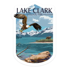 Die Cut Sticker Lake Clark National Park, Alaska, Lake View, Contour Vinyl Sticker 3 to 6 inches, (Waterproof Decal for Cars, Water Bottles, Laptops, Coolers), Large