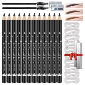 LOKFAR 12 PCS Eye-Brow Pencil Set, Waterproof Eyebrow Pencil Microblading Eyebrow Pen Supplies Kit, Eyebrow Tattoo Makeup with 2 Sharpener, 10 Brow Stencils and Eyebrows Essential Tools (Black)