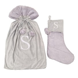 Celebright Matching Christmas Sack and Stocking Set with Embroidered Letter 'S' - Festive Holiday Décor for a Memorable Celebration - Faux Fur - Grey