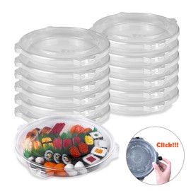 RELOCKS 12" Plastic Serving Trays with PET Lids – Clear Disposable Platters for Cold Foods, Stackable Catering Trays for Party, Takeout, and Buffet,10 Packs