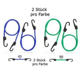 EKNA 4 Rubber Tensioners with Hooks, Luggage Tensioner Set for Bicycle, Motorcycle, Trailer, Car, Caravan, Extra Strong (Green, 50 kg - Blue, 50 kg)
