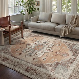 Boho Machine Washable Area Rugs, Faux Wool 5 x 7 Large Area Rugs with Non-Slip TPR Backing, 0.2" Low-Pile Neutral Area Rug Carpet for Living Room Bedroom Dining Room Nursery Office, Orange