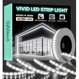 GZBtech AC 110-120V LED Strip Lighting 16.4FT/5M, 6000K Cool White IP65 Waterproof Outdoor Strip Lights, 60LEDs/M SMD2835 Cuttable & Connectable LED Rope Light for Indoor Bedroom Outside Exterior