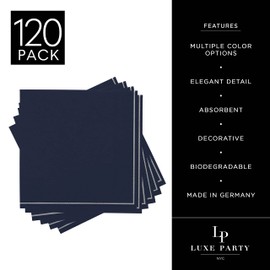 Luxe Party 120 Pack Sqaure Lunch Napkins, Disposable, Premium 3 Ply Paper, 6.5 x 6.5 Inch, Decorative Napkin, Navy with Silver Stripe