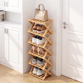 Beuway Narrow Shoe Rack, Foldable Bamboo Shoes Shelf for Small Spaces, Multifunctional Vertical Shoe Organizer Tall for Entryway, Closet, Corner, Bedroom, Hallway (Wood Color, 6 Layers)