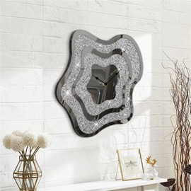 FEUFOAM Wall Clock Silver Irregular Mirror Glass Clocks Cute Crystal Crushed Diamond Clock for Wall Decorative, Perfect Home Decor for Living Room Bedroom Dining Room Office