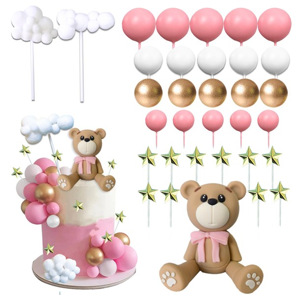 33 decoraciones para tartas de oso con estrellas y nubes para tartas para niños, niñas, baby shower, decoración de fiesta de cumpleaños (oso de bola rosa)