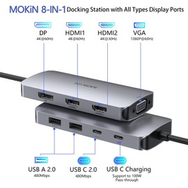 USB C Docking Station Dual Monitor 2 HDMI, 8 in 1 Laptop Docking Station with Dual HDMI, Displayport, VGA, PD, 3 USB Ports, USB C Hub Multiport Adapter for Dell, HP, Lenovo Thinkpad,Surface