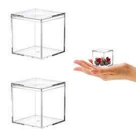 Small Acrylic Box Clear Acrylic Display Box Plastick Square Cube 2 Packs Acrylic Gift Box with Lid Party Favor Gifts Boxes Jewelry Storage Boxes Organize Containers