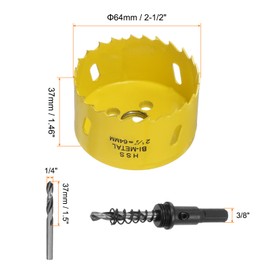 sourcing map Bi-Metal Hole Saw Kit 64mm / 2-1/2" Dia M42 High-Speed Steel Hole Saw Drill Bit Cutter with 3/8" Hex Shank Arbor Center Drill Wrench for Wood Plastic Drywall Plywood