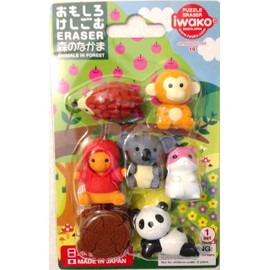 Novelty Japanese Puzzle Eraser Rubber Set - IWAKO Forest Animal Blister Pack - Contains 7 Erasers