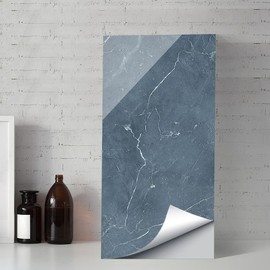 High Gloss Marble Effect Vinyl Floor Wall Tile Sticker, Sticky Back Waterproof Backsplash Self-Adhesive Peel and Stick PVC Tile Transfer, 12x24inch/30x60cm, 8Pcs Set, Grey Blue Marble