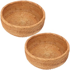 Geytetqi 2 PCS Handmade Round Rattan Bread Baskets - 9.06 x 3.54 Inch Round Wicker Bread & Fruit Serving Basket, Natural Woven Storage Basket Bowls for Home & Kitchen