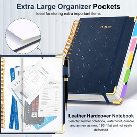 Hardcover Spiral Notebook 8"x10" Journal Notebook with Tabs and Removable Dividers 300 Pages 5 Subject Notebook College Ruled, Faux Leather Spiral Bound Notebook for Women, Students, School Work (Dark Blue)