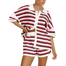 Tankaneo Womens Summer Two Piece Outfits Short Sleeve Color Block Striped Crochet Knit Button Top and Shorts Matching Sets Red