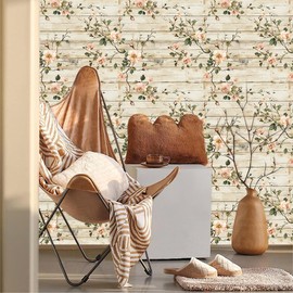 Rustic Wood Pink Wildflower Vine Rose Flower Peel and Stick Wallpaper Contact Paper Vintage Vinyl Stick on Wall Paper for Bedroom Bathroom Kitchen Cabinet Renter Friendly