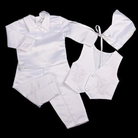 Dressy Daisy Baby Boys Baptism Christening Clothing Outfit White Satin Suit 4 Piece Set with Bonnet Size 0-3 Months