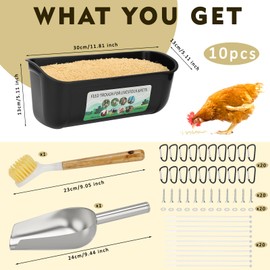 10 Pack Fence Feed Feeder 4.5 Quart Hanging Chicken Feeder Trough with Brush & Scoop Black Goat Hanging Fence Feeders Feeder with Hooks Screws & Zip Tie for Livestock Feeding Container Goats Supplies