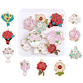 COGCHARGER 18 Pieces Enamel Flower Charms Pendant Bouquet Flowers Charm Mixed Shape Pendant for Valentine's Day Gift Jewelry Making Crafts