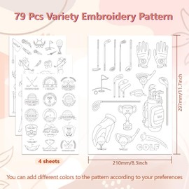 Peacoblue Water Soluble Embroidery Patterns for Beginners 4 Sheets with 79pcs Golf Patterns for Hat Jeans Clothes Backpack, Wash Away Embroidery Pattern Stabilizer for Hand Sewing Lover Women Adults