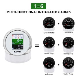 6-in-1 GPS Speedometer 3-3/8" 85mm MAIMEIMI Multi-Functional Adjustable Tachometer Voltmeter Fuel Level Water Temp Oil Pressure with Alarm for Car Boat Marine 9-32V White