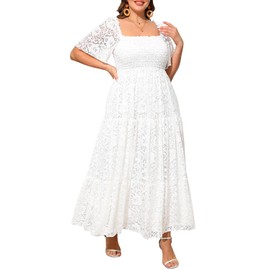 Talisea Women's Plus Size White Lace Wedding Bride Smocked Tiered Dress Photoshoot Long Flowy Maxi Boho Summer Dress