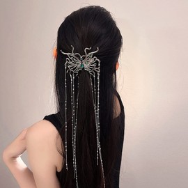 Jumwrit Silver Rhinestone Hair Clip Semi Circle Hair Barrette Long Beaded Chain Tassel Ponytail Holder Clip Boho Big Spider Hair Clip Bling Hair Accessories for Women Girls