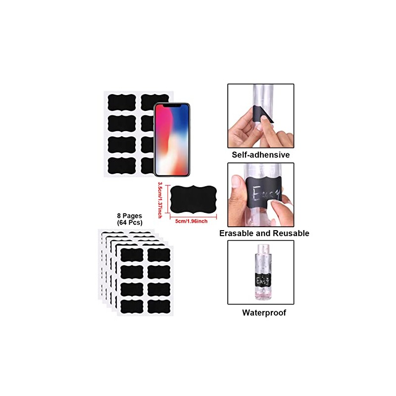 64 Chalkboard Labels for Jars, Erasable and Reusable Waterproof Blackboard