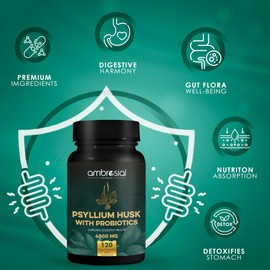 Ambrosial Psyllium Husk Capsules - 4000 MG with Probiotics: Detoxify and Revitalize Your Digestive System with Natural Fiber Support - 120 Vegan Capsules