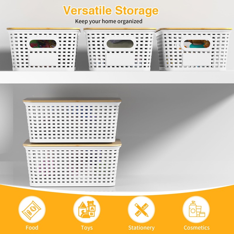 6 Pieces White Plastic Storage Baskets with Bamboo Lids with