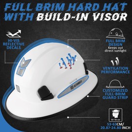 Full Brim Hard Hat with Build-in Visor, ANSI Z89.1 OSHA Approved Construction Safety Helmet with Chin Strap for Men Women (White Helmet+Tinted Visor)