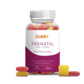 GoldN™ Prenatal DHA and Folate Premium Gummies | Omega-3 DHA, 600 mcg Folic Acid, 200 mcg Iodine & 13 Nutrients | Non-GMO, Gluten-Free | Raspberry & Lemon Flavor | 60 Gummies (30-Day Supply)