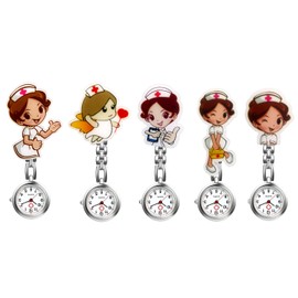 Avaner Nurse Watches Cute Cartoon Design Clip-on Fob Watches Analog Quartz Hanging Lapel Watches for Women (5 Pcs)